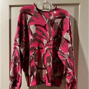 Anthropologie Beatriz knit pink print, gold thread accents.